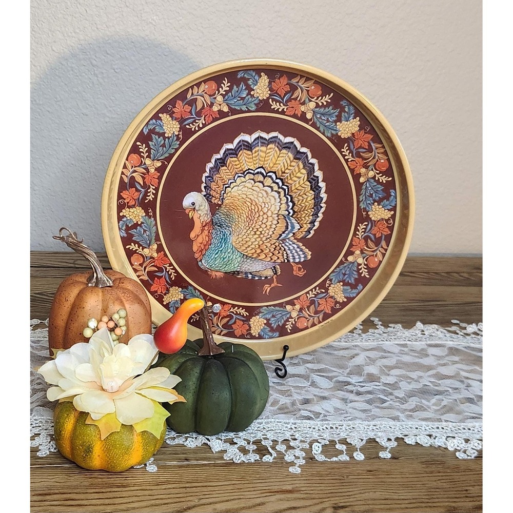 VTG 1993 GIBSON GALLERY Tin Litho Thanksgiving‎ Turkey design serving tray